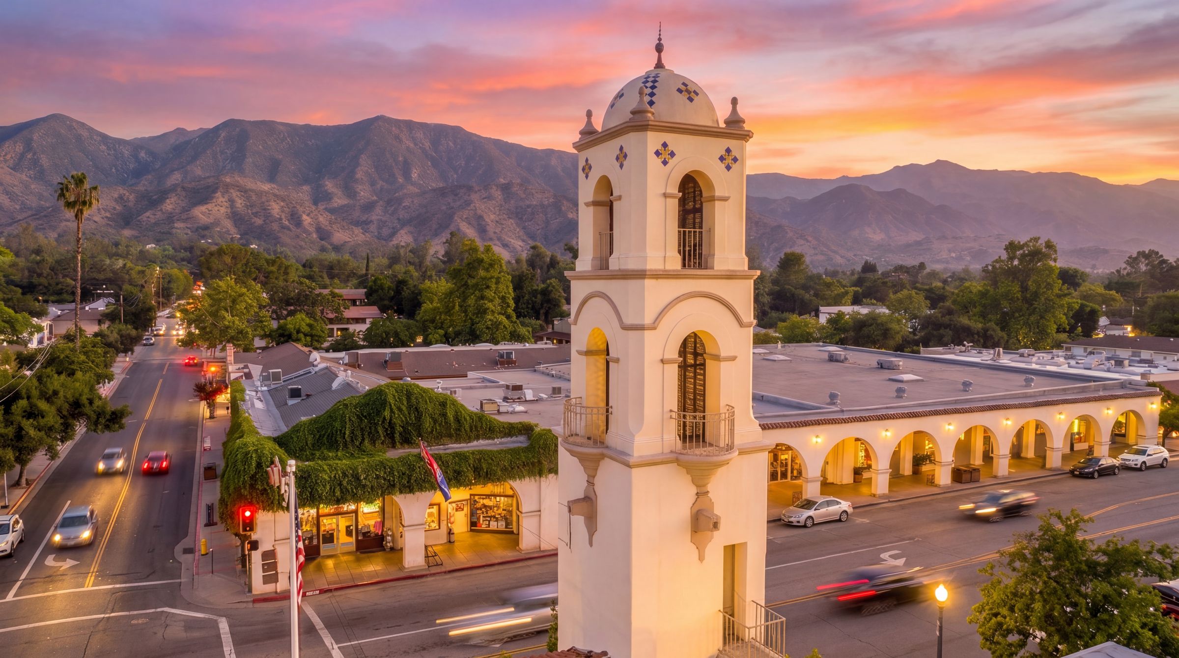 Aerial view of the Ojai post office bell tower and arcade at sunset