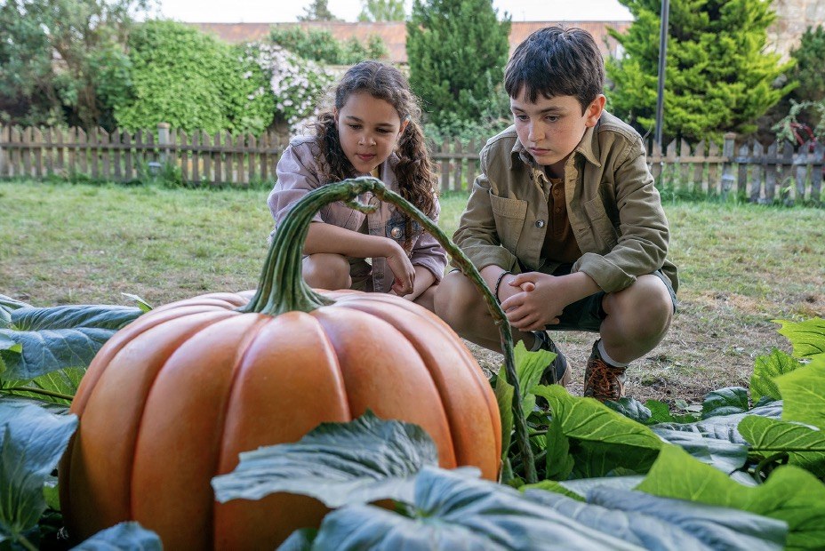 A girl and a boy kneel beside a giant pumpkin in a garden, from GROW